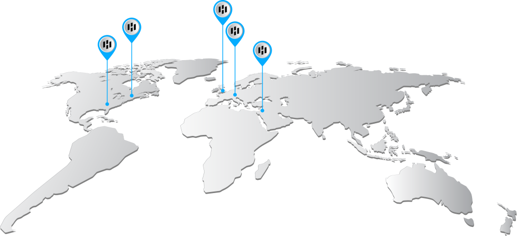A map of the world highlighting HIPER Global locations in North America, UK, Europe, and Israel